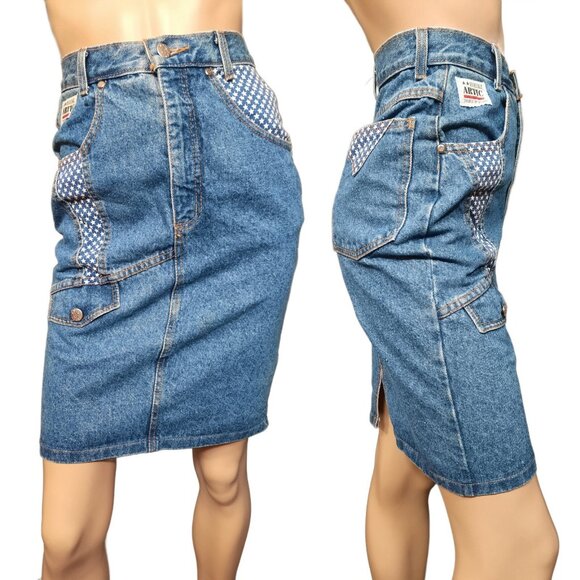 Vintage 80s Denim Pencil Mini Skirt High Waisted Womens XS Blue Star Print - Picture 1 of 9